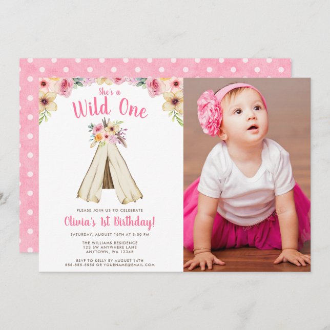 Boho Floral Tribal Teepee Wild One Birthday Foto Einladung (Vorne/Hinten)
