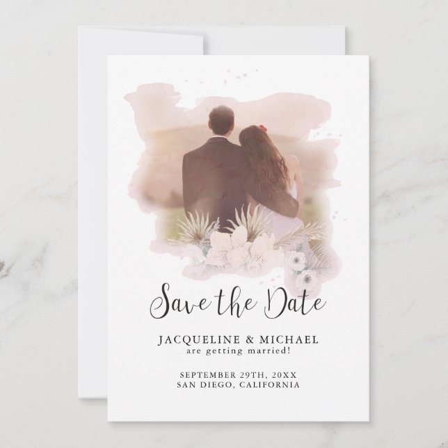 BOHO Floral Tropical Modern Script Palm Foto Save The Date (Vorderseite)