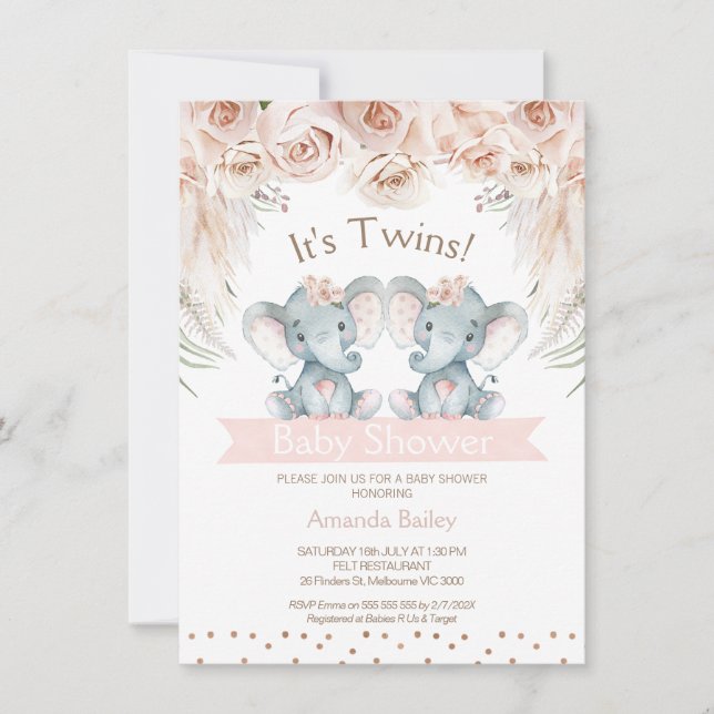 Boho Floral Twin Elephant Baby Shower Einladung (Vorderseite)