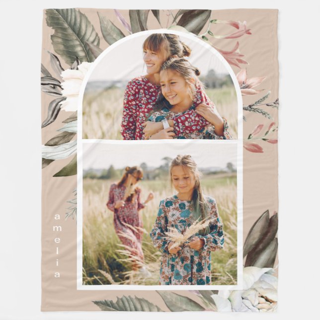 Boho Floral Two Foto Arch Personalisiert Fleecedecke (Vorderseite)