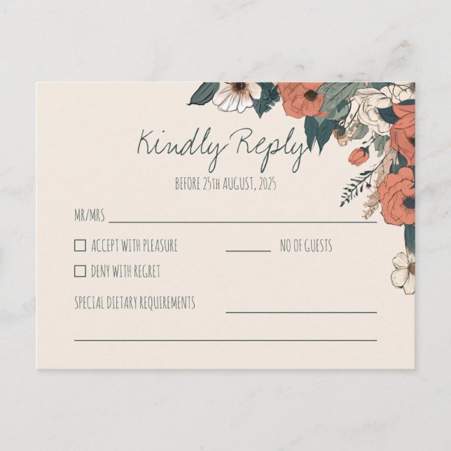 Boho Floral UAWG | Elegant Wedding Reply Postkarte (Vorderseite)