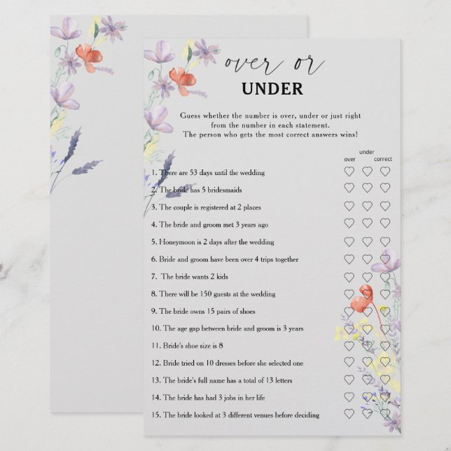 Boho Floral Über oder Unter Brautparty-Spiel (Vorne/Hinten)