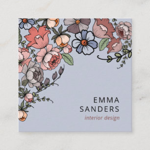 Boho Floral und Foliage Dusty Blue Quadratische Visitenkarte