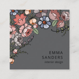 Boho Floral und Foliage Grau Quadratische Visitenkarte