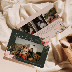 Boho Floral Vier Foto Happy New Year Holiday Card Feiertagskarte
