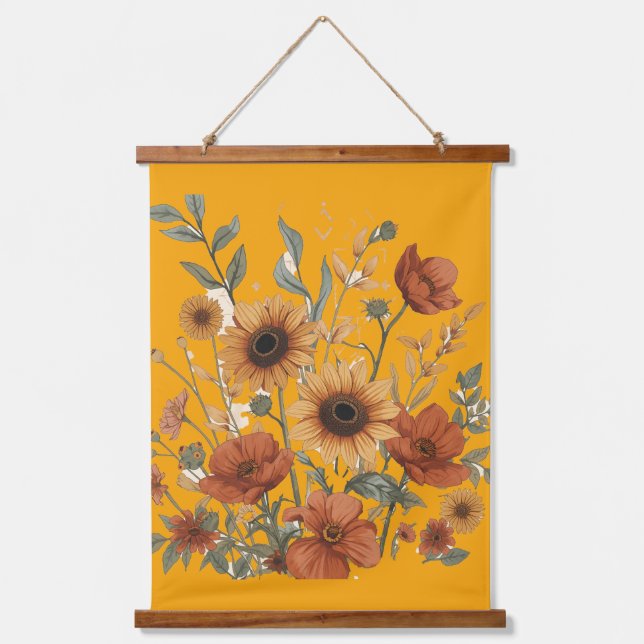 Boho Floral Wall Tapestes - Sonnenblumen Wandteppich Mit Holzrahmen (Vorderseite)