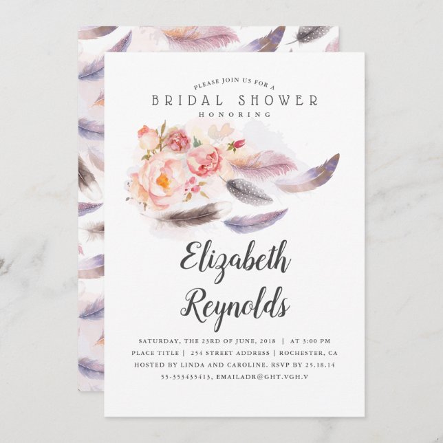 Boho Floral Watercolor Feathers Brautparty Einladung (Vorne/Hinten)