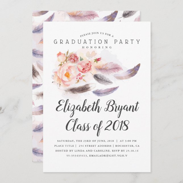 Boho Floral Watercolor Feathers Graduation Party Einladung (Vorne/Hinten)