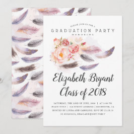 Boho Floral Watercolor Feathers Graduation Party Einladung