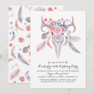 Boho Floral Watercolor Skull Geburtstagsparty Einladung