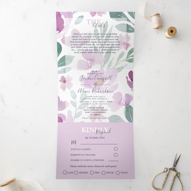 Boho Floral Watercolor Wedding Dreifach Gefaltete Einladung (Innenseite)
