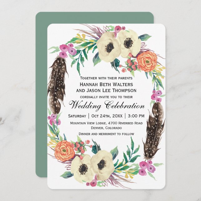 Boho Floral Watercolor Wedding Einladung (Vorne/Hinten)