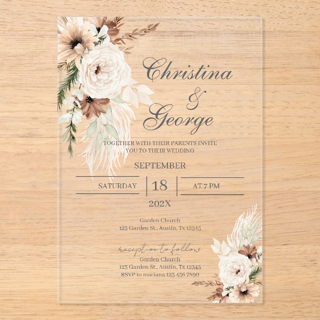 Boho Floral Wedding Acrylic Invitation Acryleinladungen (Vorderseite)
