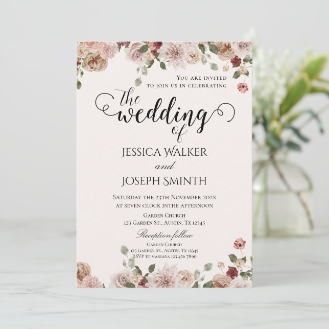 Boho Floral Wedding Einladung (Stehend Vorderseite)