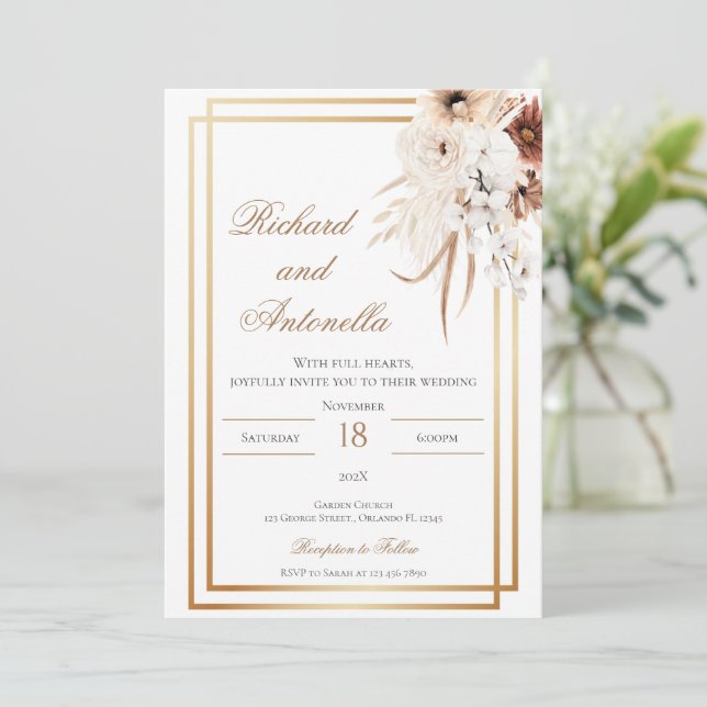 Boho Floral Wedding Einladung (Stehend Vorderseite)