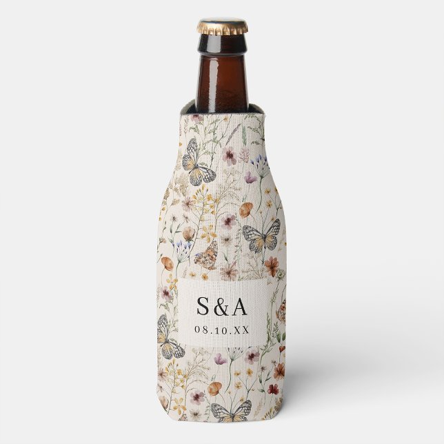 Boho Floral Wedding Flaschenkühler (Tan Wildflower with Butterflies Boho Floral Wedding Bottle Cooler by Painted Paperie
)