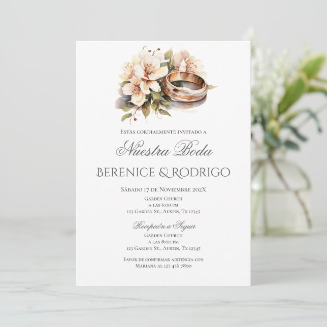 Boho Floral Wedding Invitation in Spanish Einladung (Stehend Vorderseite)