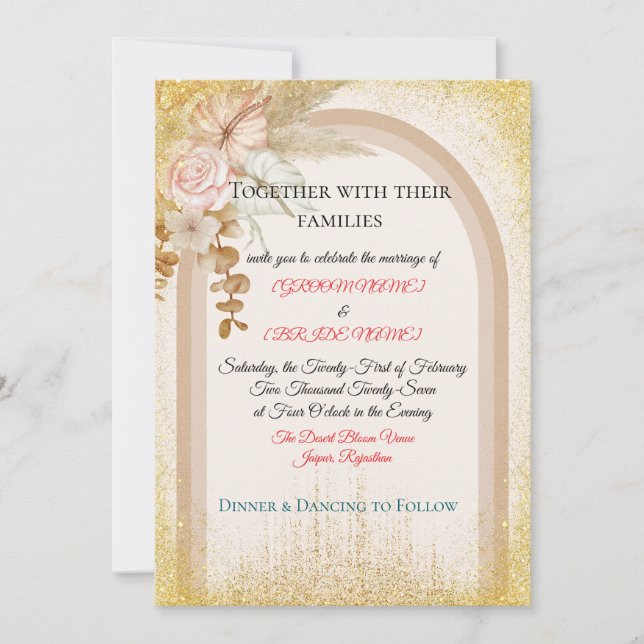 Boho Floral Wedding Invitation with Gold Sparks Einladung (Vorderseite)