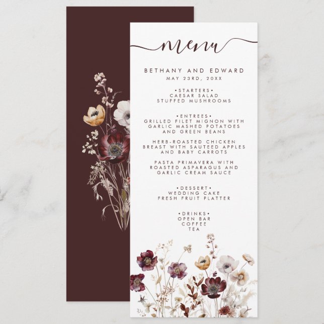 Boho Floral Wedding Menükarte (Vorne/Hinten)