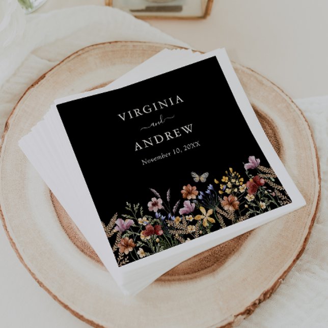 Boho Floral Wedding Napkins Serviette (Black Boho Floral Wedding Napkins by Painted Paperie
)