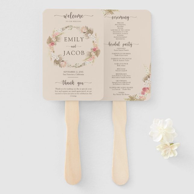 Boho Floral Wedding Program Hand Fan Fächer (Vorne und Hinten)