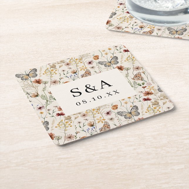 Boho Floral Wedding Rechteckiger Pappuntersetzer (Tan Wildflower with Butterflies Boho Floral Wedding Square Paper Coaster by Painted Paperie
)