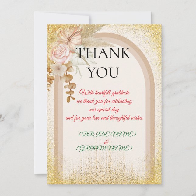 Boho Floral Wedding Thank You Card with Gold Spark Dankeskarte (Vorderseite)
