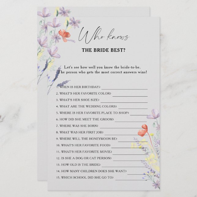 Boho Floral Wer kennt das beste Spiel der Braut (Vorne/Hinten)