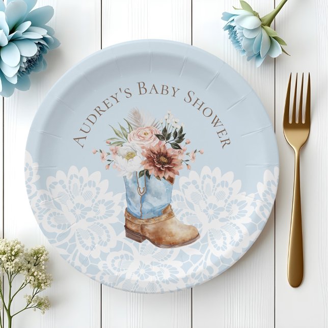 Boho Floral Western Blue Cowboy Boot Baby Dusche Pappteller (Boho Floral Western Blue Cowboy Boot Baby Shower Paper Plates)
