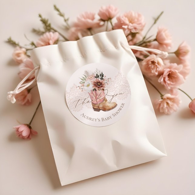 Boho Floral Western Pink Cowgirl Boot Vielen Dank Runder Aufkleber (Boho Floral Western Pink Cowgirl Boot Thank You Classic Round Sticker)