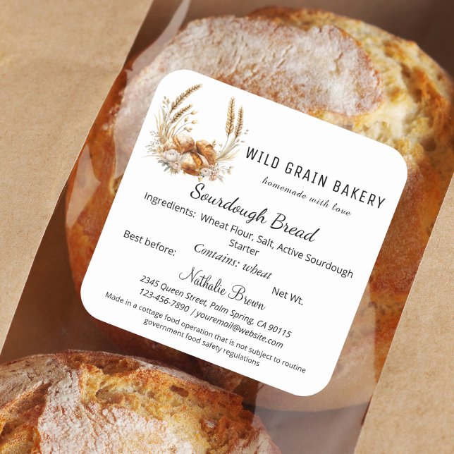 Boho Floral Wheat Sourdough Hütte Law Food Quadratischer Aufkleber (Von Creator hochgeladen)