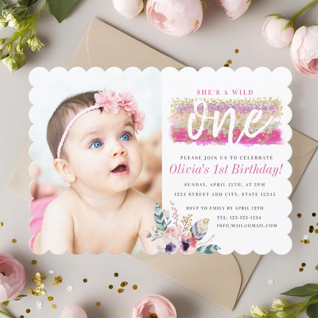 Boho Floral Wild One Girl's erstes Geburtstags-Fot Einladung (Von Creator hochgeladen)