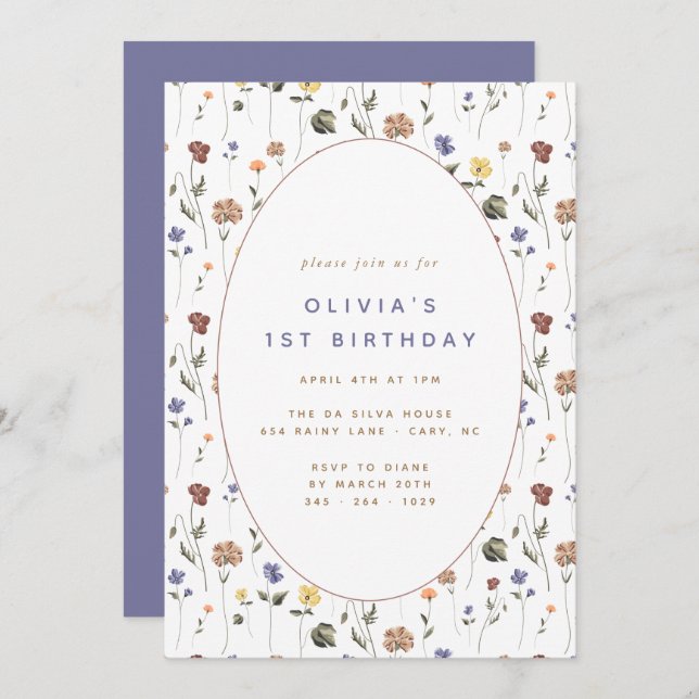 Boho Floral Wildblume Birthday | Einladung (Vorne/Hinten)