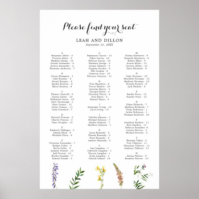 Boho Floral Wildblume Hochzeitsdiagramm Poster (Vorne)
