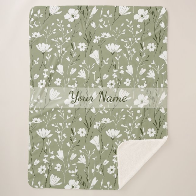 Boho Floral Wildflowers Sage Green Personalized  Sherpadecke (Vorderseite)