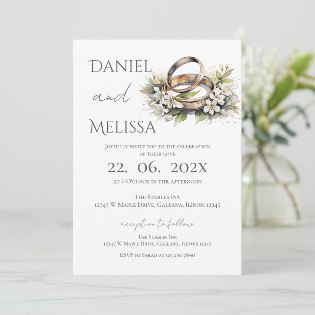 Boho Floral with ring Wedding  Einladung (Stehend Vorderseite)