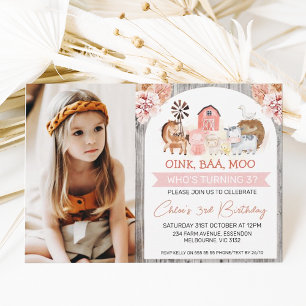 Boho Floral Wood Farm Foto Geburtstag Einladung