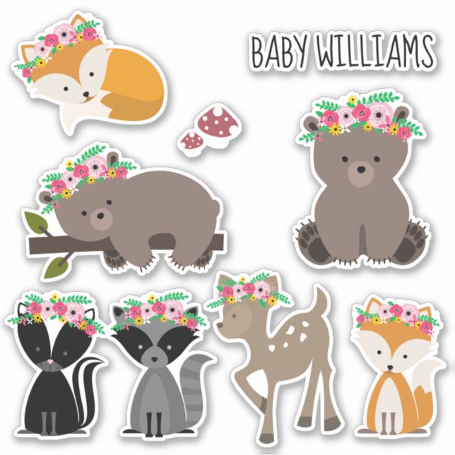Boho Floral Woodland Animals Baby Aufkleber (Vorderseite)