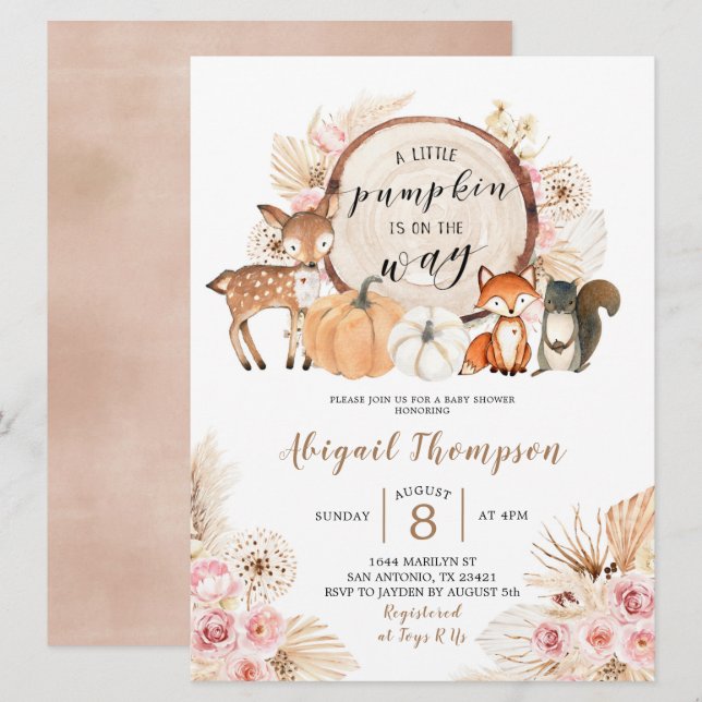 Boho Floral Woodland Pumpkin Baby Shower Einladung (Vorne/Hinten)
