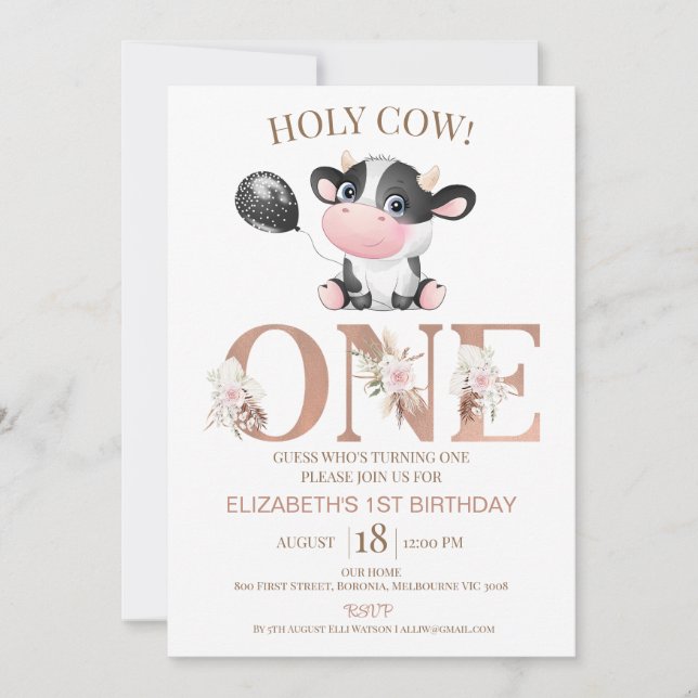 Boho Floral Word Heilige Kuh 1. Geburtstag Einladu Einladung (Vorderseite)