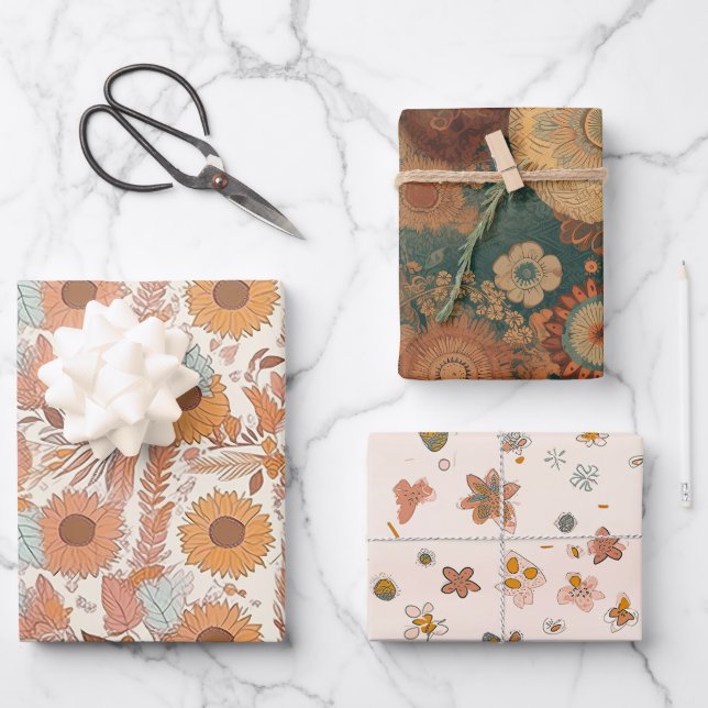 Boho Floral Wrapping Paper Sheets Geschenkpapier Set (Vorderseite)