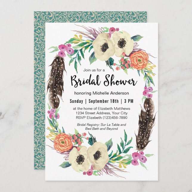 Boho Floral Wreath Brautparty Einladung (Vorne/Hinten)