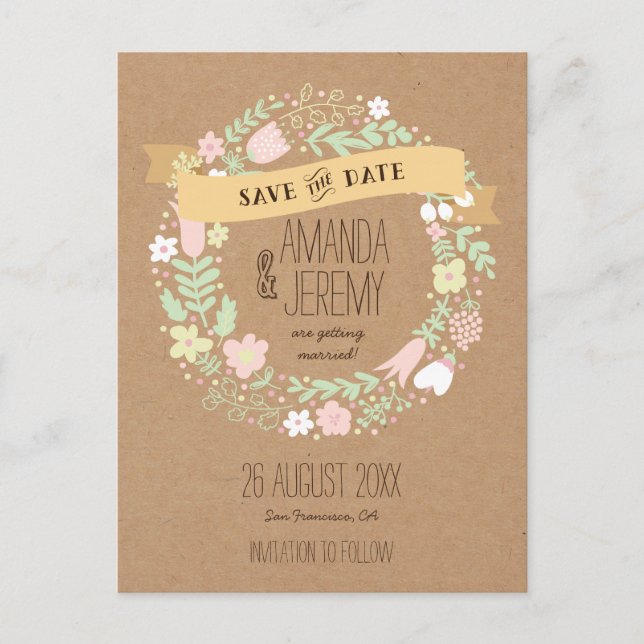 Boho Floral Wreath Pastel Rustic Save the Date Ankündigungspostkarte (Vorderseite)