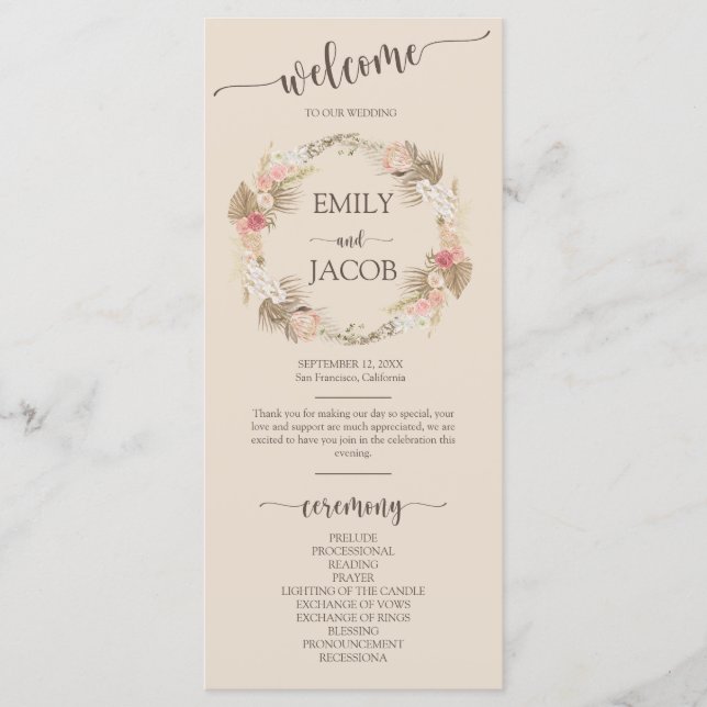 Boho Floral Wreath Script Wedding Flat Program Programm (Vorderseite)