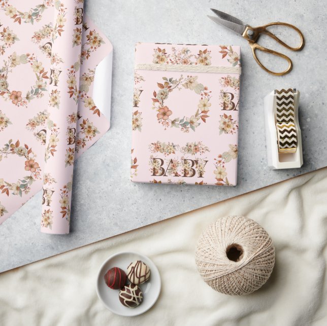 Boho Floral Wreath Watercolor Pink Babygeschenk Geschenkpapier (Kunsthandwerk)