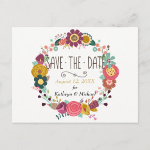 Boho Floral Wreath Wedding Save the Date Ankündigungspostkarte