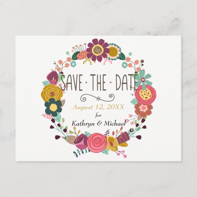 Boho Floral Wreath Wedding Save the Date Ankündigungspostkarte (Vorderseite)