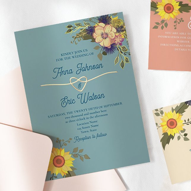 Boho Floral Yellow Pink und Blue Wedding Einladung (Von Creator hochgeladen)