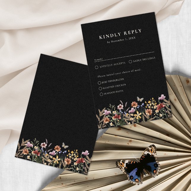 Boho floral zu den Mahlzeiten RSVP Karte (Moody Black Boho Floral With Meals RSVP Card by Painted Paperie
)