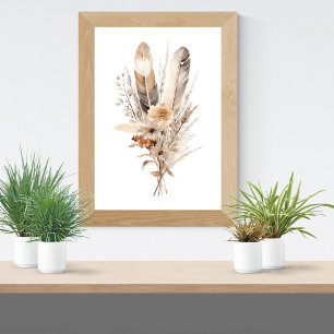 Boho-Florales Grau Beige Braun Federn Botanik Poster